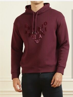 EMPORIO ARMANI Men Red Solid Long Sleeve Casual Hoodie AUTHENTIC Size Medium
